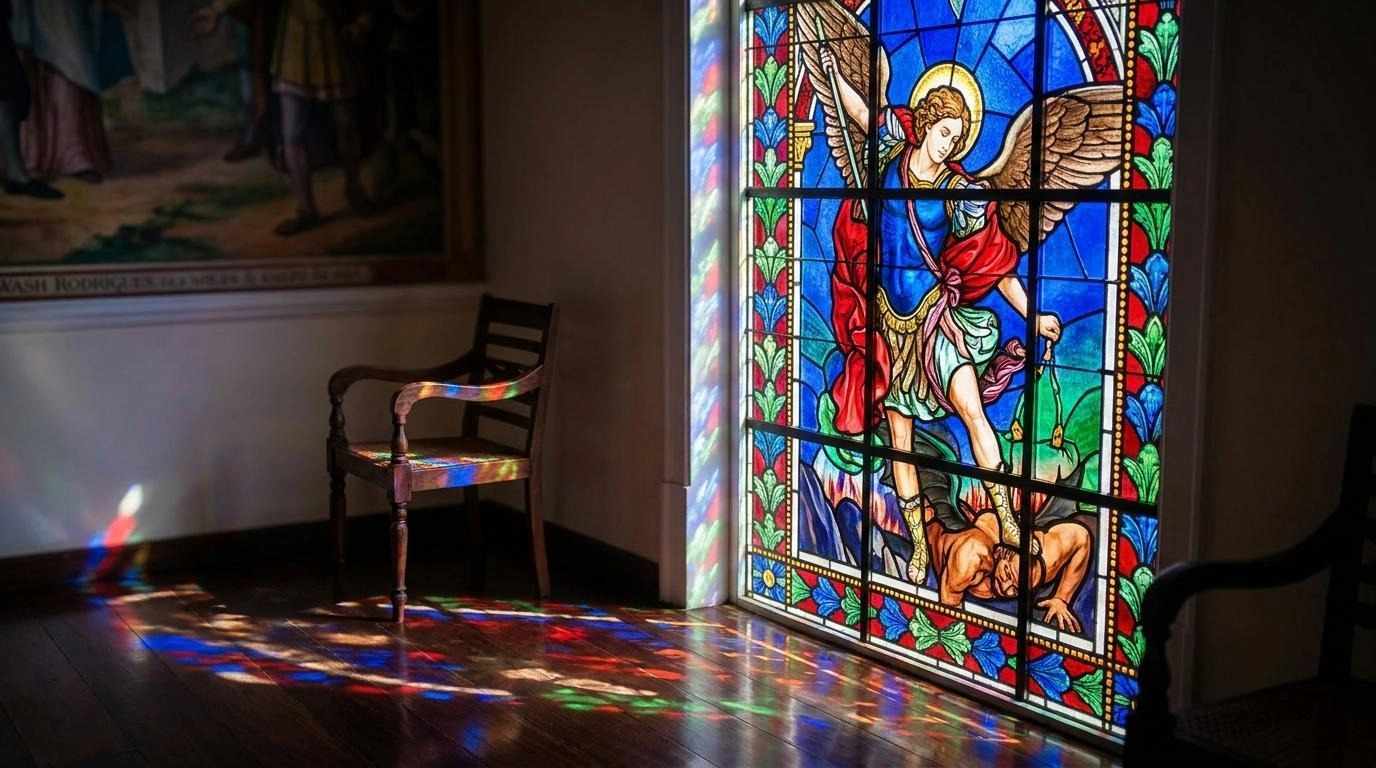 Sunlight streams through the colorful stained-glass window of the São Miguel Palace in Fernando de Noronha, illuminating the interior art.