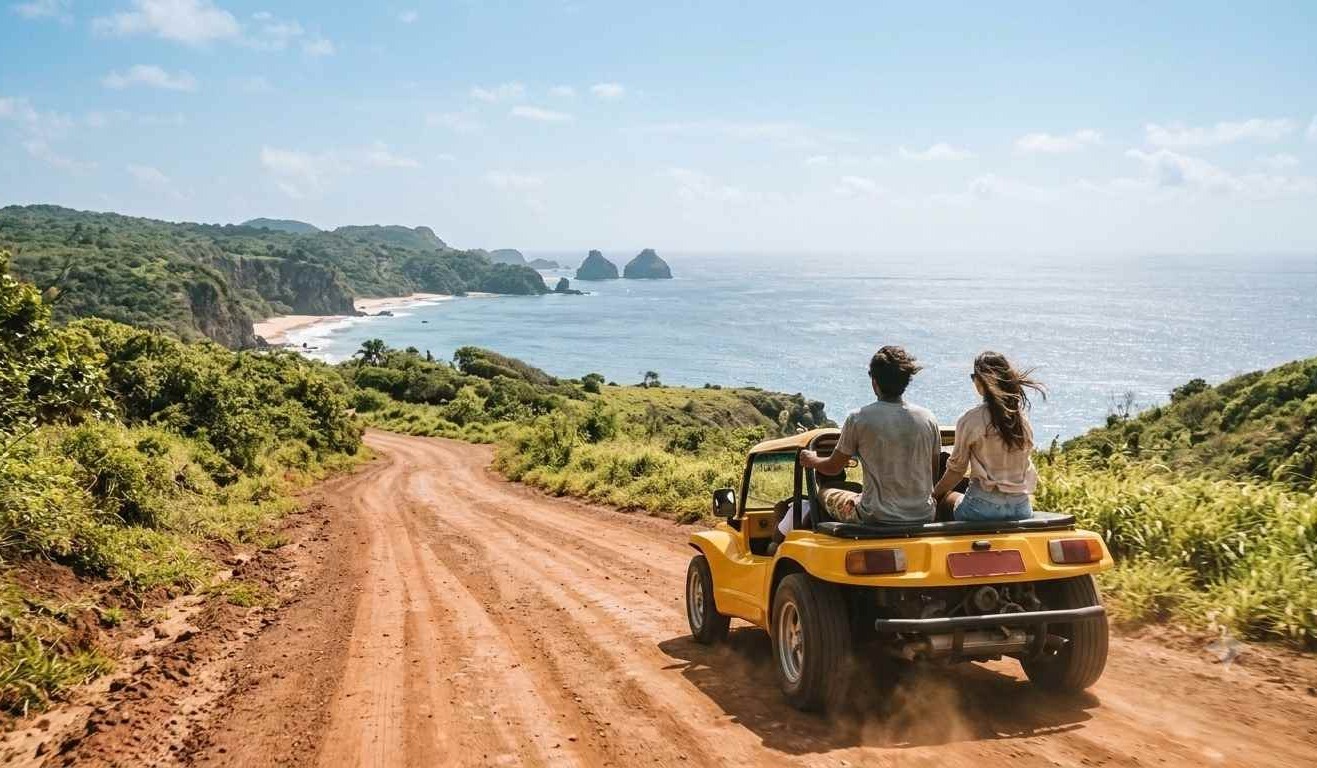 A couple exploring the island in a dune buggy, a key tip from our Fernando de Noronha multicultural travel guide for seeing the sights.