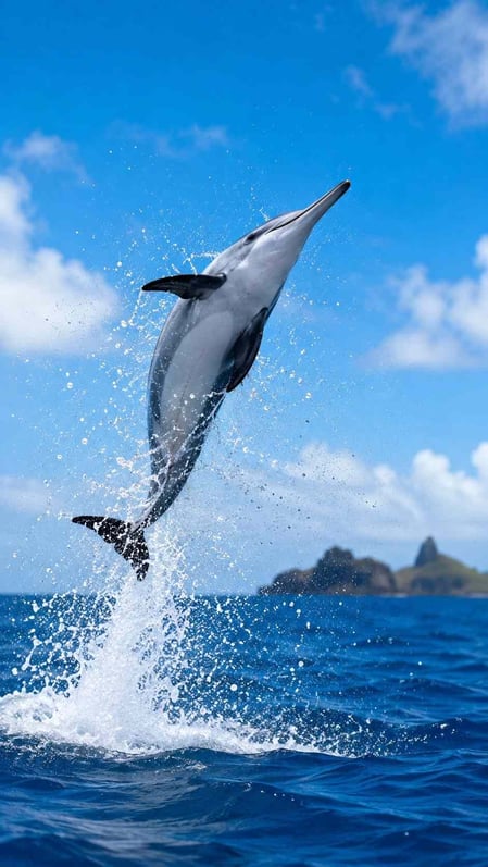 Un delfino giroscopico salta e volteggia dalle acque blu dell’oceano a Fernando de Noronha, in Brasile. La regola n. 1 per avvistare i delfini di Noronha.