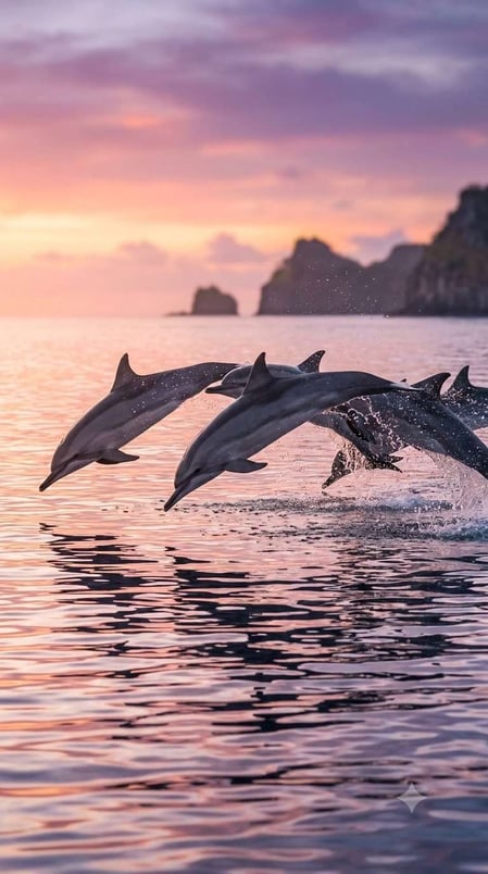 Un delfino girafo salta con grazia dall’oceano all’alba a Fernando de Noronha. Un testo animato invita gli utenti a saperne di più.