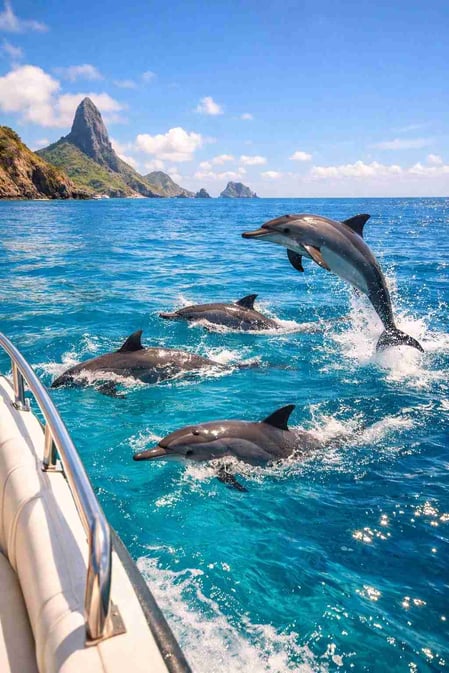 Un branco di delfini giratori nuota allegramente accanto a una barca nelle acque turchesi di Fernando de Noronha, in Brasile.