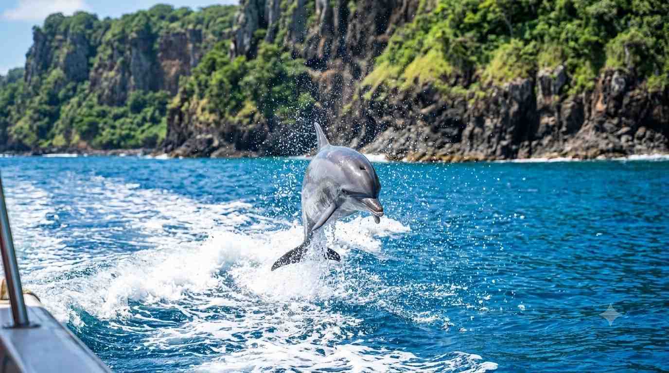 Un delfino giroscopico esegue un salto acrobatico fuori dall’oceano blu durante un’escursione in barca alla scoperta dei delfini a Fernando de Noronha in Brasile.