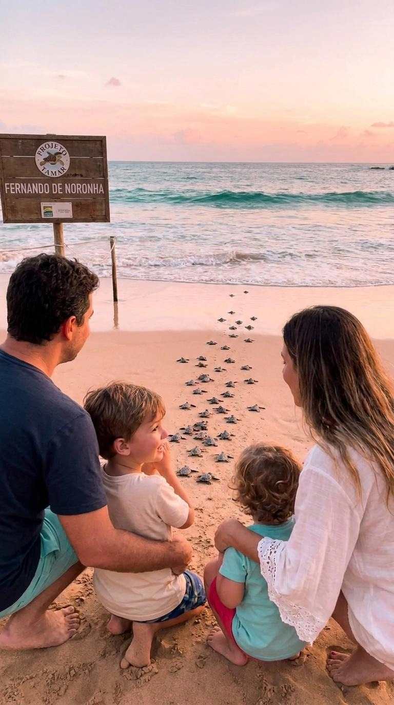 Una famiglia osserva con stupore il rilascio dei piccoli di tartaruga marina su una spiaggia del Progetto Tamar di Fernando de Noronha.