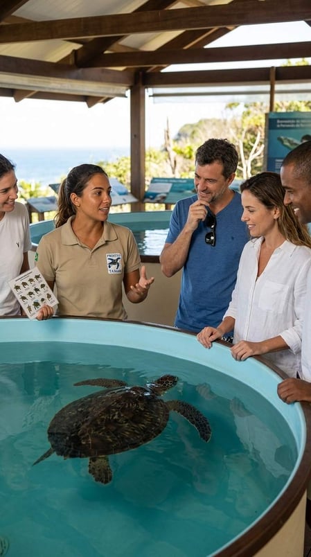 Un biologo del Progetto Tamar di Fernando de Noronha illustra a un gruppo di visitatori la conservazione delle tartarughe marine davanti a una grande vasca.