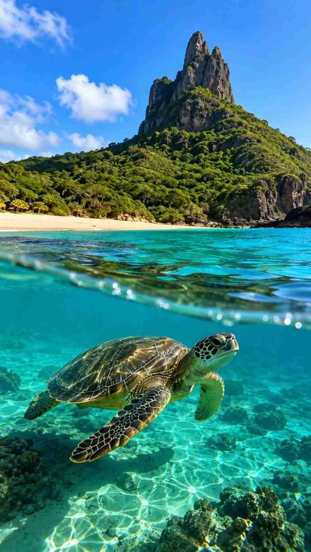 Una foto “over-under” scattata presso il Tamar Project di Fernando de Noronha, che mostra la spiaggia sopra la superficie dell’acqua e una tartaruga marina che nuota sott’acqua.