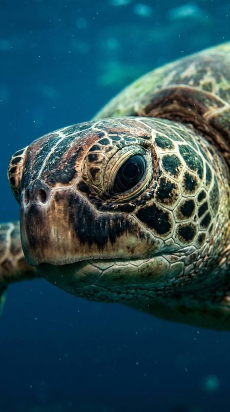 Una foto subacquea in primo piano del muso di una tartaruga verde presso il Progetto Tamar di Fernando de Noronha, con lo sguardo rivolto verso l’obiettivo.