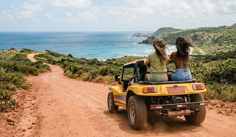 Una coppia che esplora l’isola a bordo di una dune buggy: un consiglio fondamentale tratto dalla nostra guida di viaggio multiculturale su Fernando de Noronha per visitare le attrazioni.