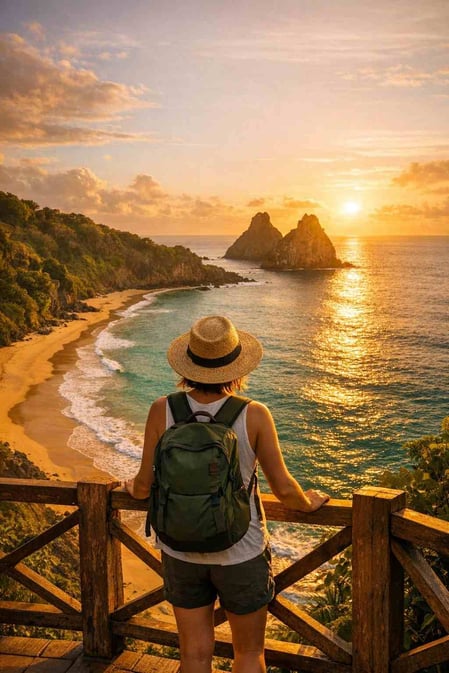 Una persona che ammira la splendida vista sulla Baia do Sancho, una destinazione da non perdere descritta nella nostra guida su come visitarla