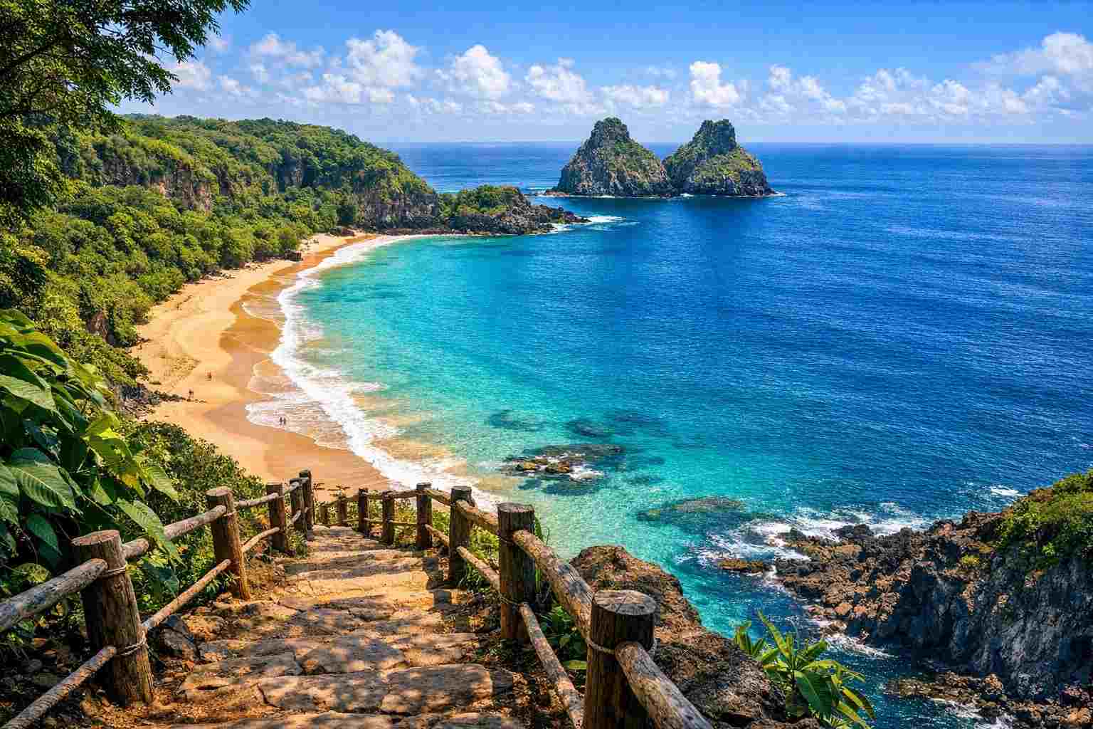 Una vista mozzafiato dalla scogliera che mostra come raggiungere Baia do Sancho, con la spiaggia dorata, le acque turchesi e il Morro Dois Irmãos ai suoi piedi