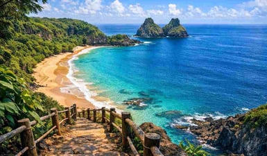 Una vista mozzafiato dalla scogliera che mostra come raggiungere Baia do Sancho, con la spiaggia dorata, le acque turchesi e il Morro Dois Irmãos ai suoi piedi.