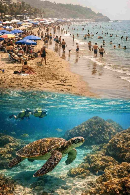 Uno schermo diviso che mostra una spiaggia affollata contrapposta alle acque tranquille quando si visita la spiaggia di Sueste per fare snorkeling con le tartarughe.