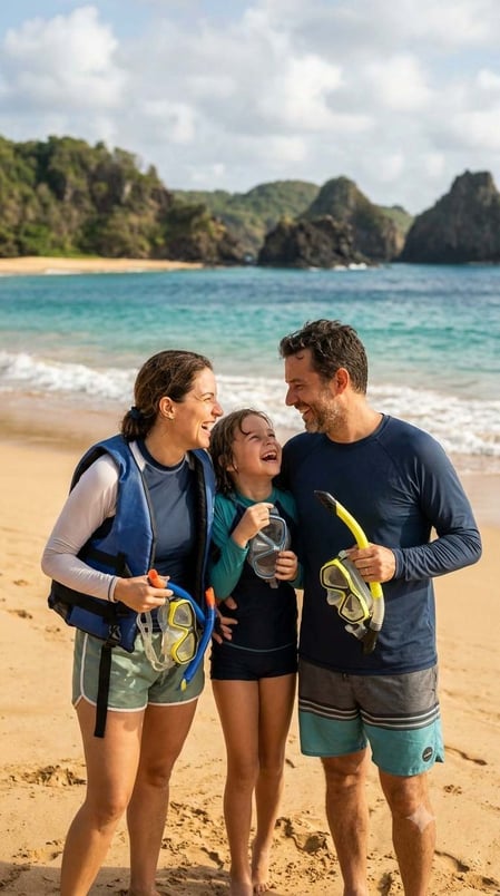Una famiglia felice che ride sulla sabbia con l'attrezzatura da snorkeling, pronta a visitare la spiaggia di Sueste e ad avvistare le tartarughe.