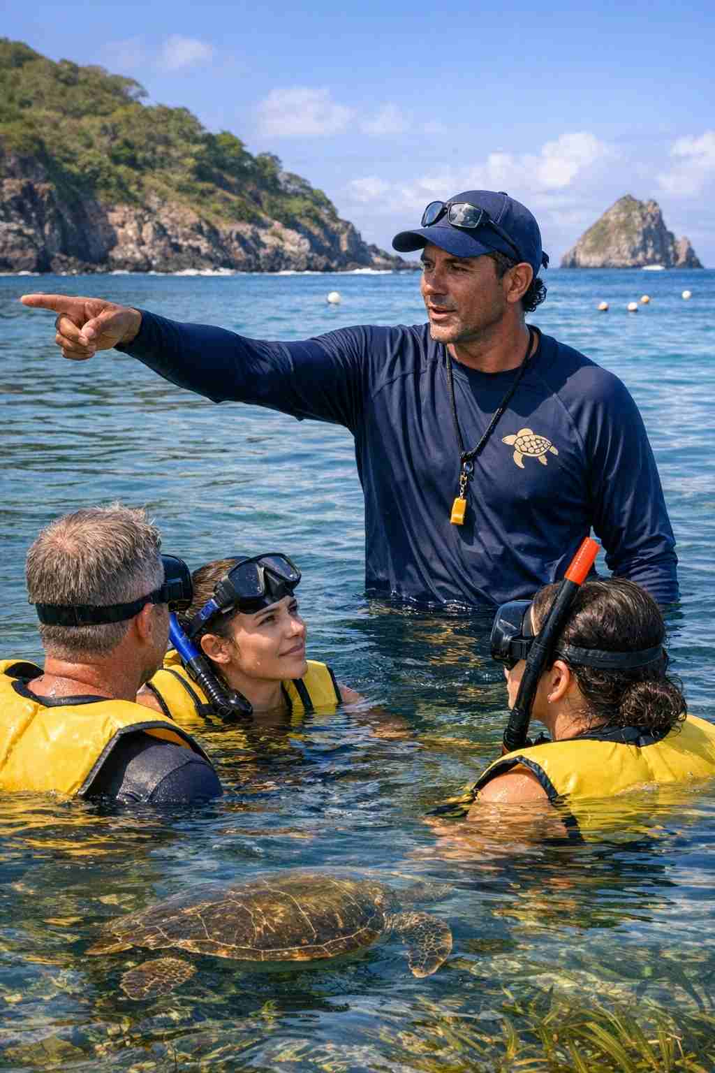 Una guida ecologica illustra la fauna marina ai turisti, muniti di giubbotti di salvataggio, in visita alla spiaggia di Sueste a Fernando de Noronha.