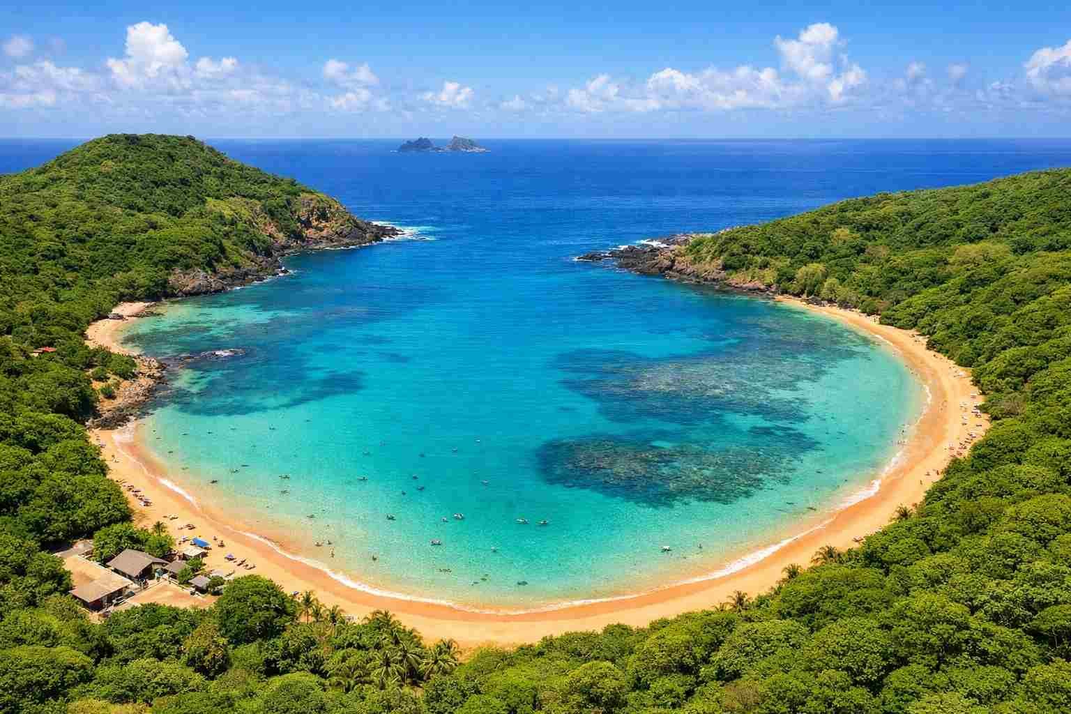 Vista aerea della splendida baia a forma di ferro di cavallo e delle acque turchesi da ammirare quando visiterete la spiaggia di Sueste.