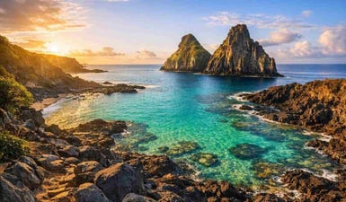 Una splendida foto della guida di Baia dos Porcos che mostra la vista del Morro Dois Irmãos dal sentiero roccioso all'alba a Fernando de Noronha.