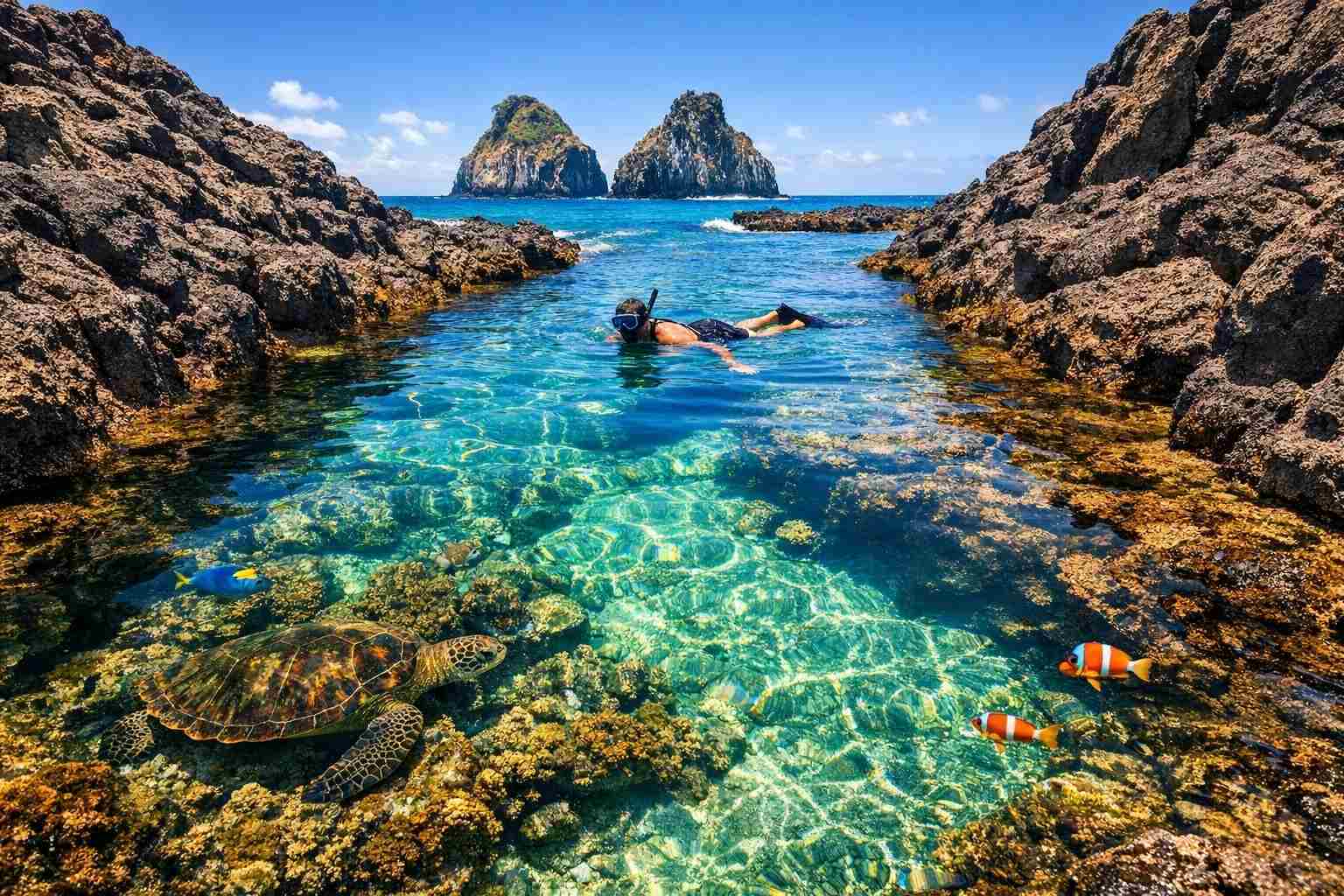 In questa immagine della guida di Baia dos Porcos, un subacqueo galleggia nelle limpide piscine naturali color smeraldo, mostrando il meglio dello snorkeling con la bassa marea.