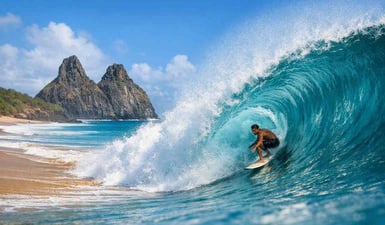 Un surfista cavalca un potente tubo sulla spiaggia di Cacimba do Padre, con le iconiche rocce del Morro Dois Irmãos sullo sfondo, in Brasile.