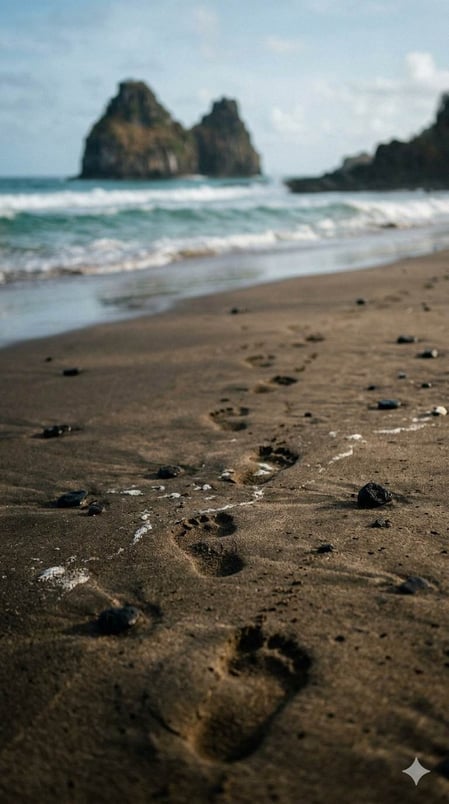 Una visione autentica delle rocce vulcaniche e della sabbia dorata della spiaggia di Cacimba do Padre a Fernando de Noronha, in Brasile.