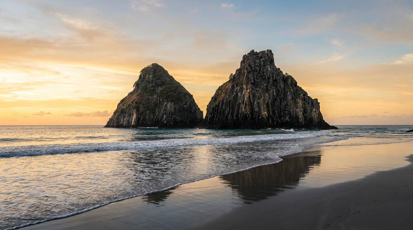 Le iconiche rocce del Morro Dois Irmãos sulla spiaggia di Cacimba do Padre durante un tramonto dorato, con il loro riflesso sulla sabbia bagnata in Brasile.