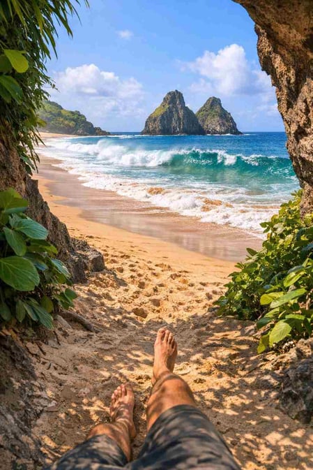 Una vista in prima persona mentre si cammina sulla sabbia dorata della spiaggia di Cacimba do Padre, con lo iconico Morro Dois Irmãos che si staglia all'orizzonte.