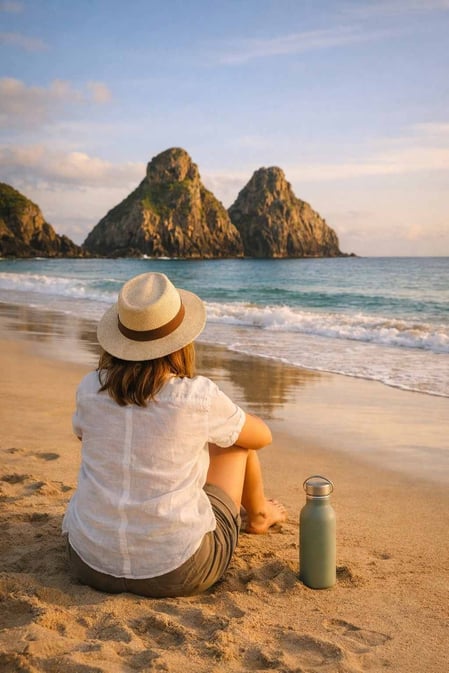 Un viaggiatore è seduto sulla sabbia della spiaggia di Cacimba do Padre e ammira il Morro Dois Irmãos in Brasile.