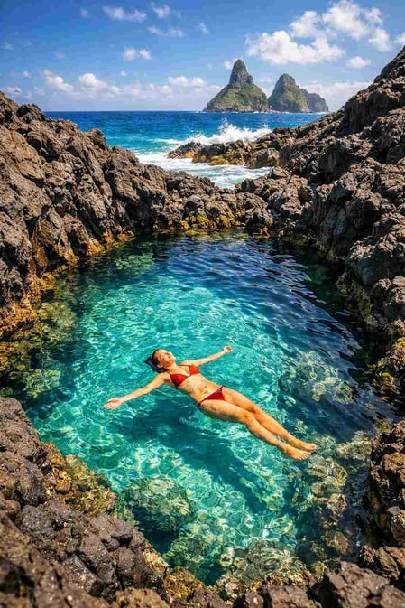 Una persona che nuota nella piscina naturale turchese di Praia do Cachorro, una delle attrazioni principali della nostra guida turistica di Fernando de Noronha.