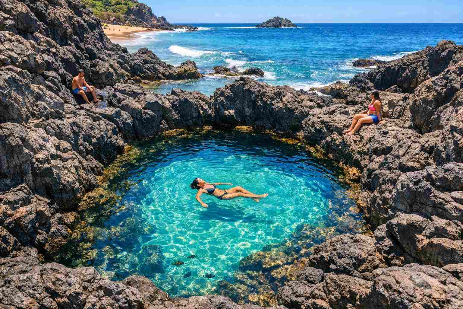 Un viaggiatore nuota nella cristallina piscina naturale di Praia do Cachorro, una delle attrazioni principali della nostra guida a Praia do Cachorro a Fernando de Noronha.