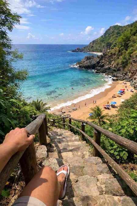 Una ripresa in prima persona che scende verso la spiaggia di Praia do Cachorro, per promuovere la nostra guida su Fernando de Noronha.