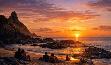 Uno splendido tramonto sulla Praia do Cachorro a Fernando de Noronha, con la luce dorata che illumina l'acqua e le rocce, come si vede in questa guida turistica.