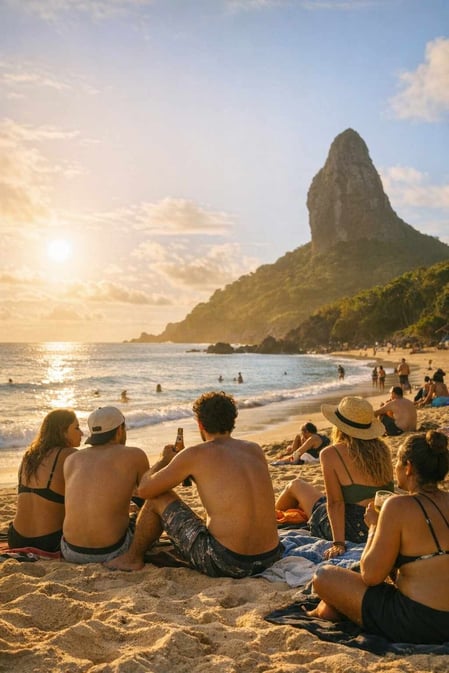 Persone che si rilassano sulla sabbia di Praia do Cachorro durante l'ora d'oro, dalla nostra autentica guida su Fernando de Noronha.