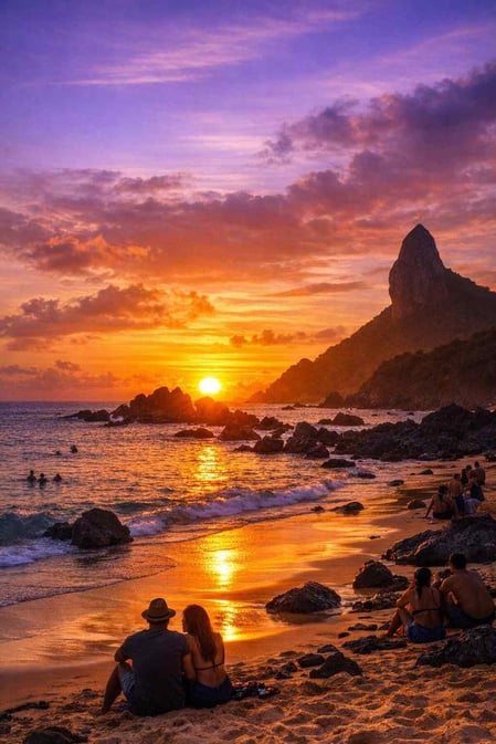 Un tramonto dorato mozzafiato sull'oceano a Praia do Cachorro, un'esperienza imperdibile secondo la nostra guida su Fernando de Noronha.