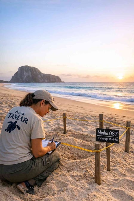 Un ambientalista del Projeto TAMAR al lavoro a Praia do Leão, dalla nostra guida turistica su Praia do Leão dedicata all’ecoturismo.