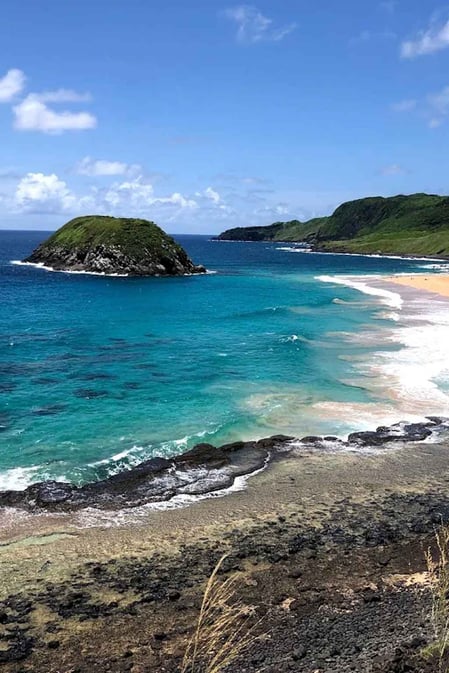 L'iconica roccia a forma di leone a Praia do Leão, a Fernando de Noronha, con le onde imponenti che si infrangono sulla sabbia dorata, come descritto nella nostra guida turistica su Praia do Leão.