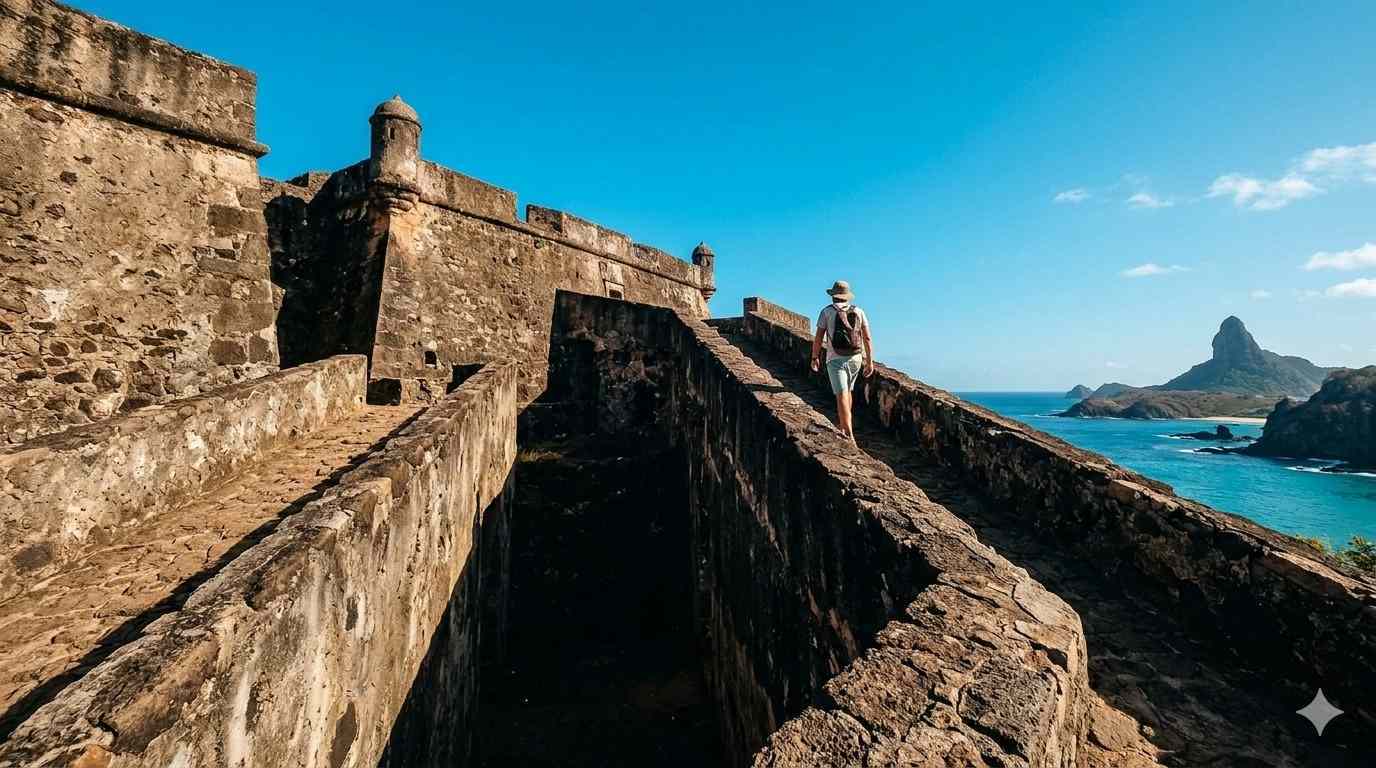 Un viaggiatore esplora le mura storiche in pietra della fortezza del XVIII secolo, elemento fondamentale della nostra Guida al Forte Noronha dedicata alla storia dell'isola.