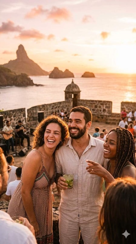 Un gruppo di amici che si godono insieme il tramonto: un’esperienza fondamentale descritta in dettaglio nella nostra Guida a Forte Noronha.