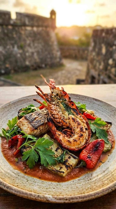 Un piatto di pesce alla griglia presentato con grande cura dal ristorante Paiol, presente nella nostra Guida Forte Noronha.