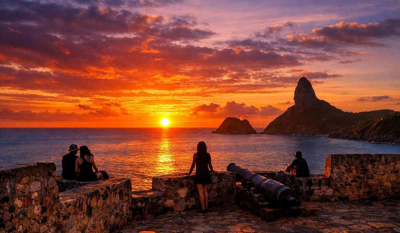 Una vista panoramica del tramonto dalle mura storiche, tratta dalla nostra Guida al Forte Noronha, con il sole dorato che tramonta sull'Oceano Atlantico.
