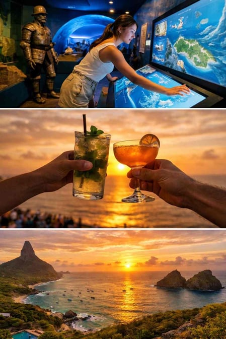 Un fotomontaggio del museo, degli aperitivi al tramonto e dei panorami tratti dalla nostra Guida completa a Forte Noronha.