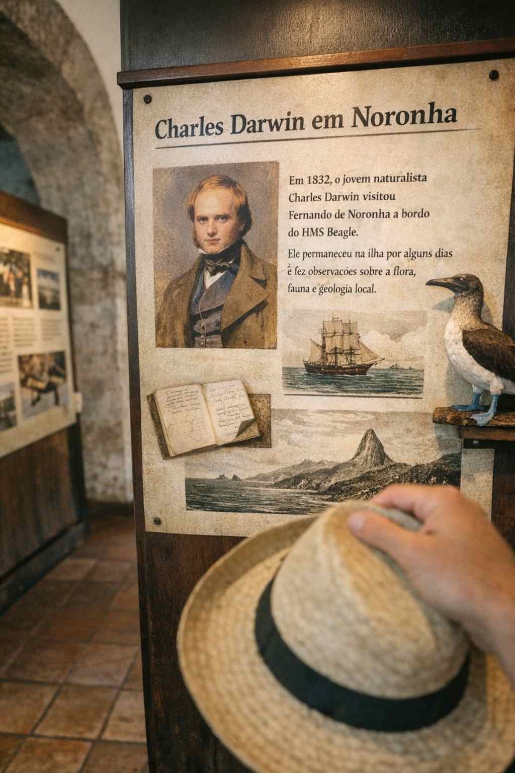 Una foto dal punto di vista del visitatore del pannello espositivo dedicato a Charles Darwin all'interno del Museu Memorial Noronhense a Noronha.
