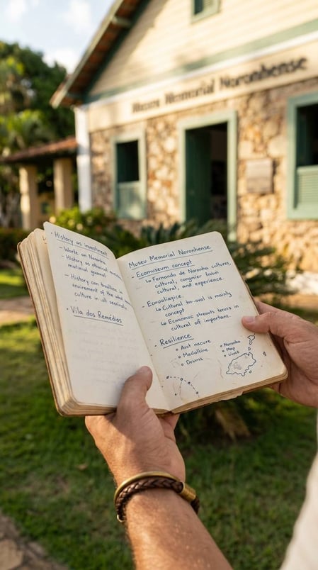 Un diario di viaggio con appunti sul Museu Memorial Noronhense, con l'edificio del museo sullo sfondo.