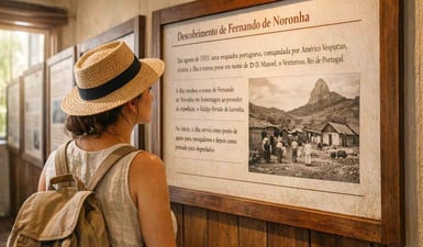 Un visitatore legge un pannello informativo sulla storia di Fernando de Noronha all'interno del luminoso e accogliente Museu Memorial Noronhense.