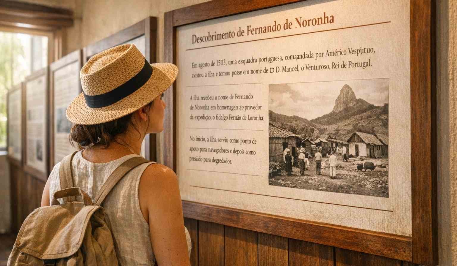 Un visitatore legge un pannello informativo sulla storia di Fernando de Noronha all'interno del luminoso e accogliente Museu Memorial Noronhense.