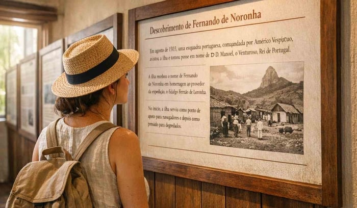 Un visitatore legge un pannello informativo sulla storia di Fernando de Noronha all'interno del luminoso e accogliente Museu Memorial Noronhense.