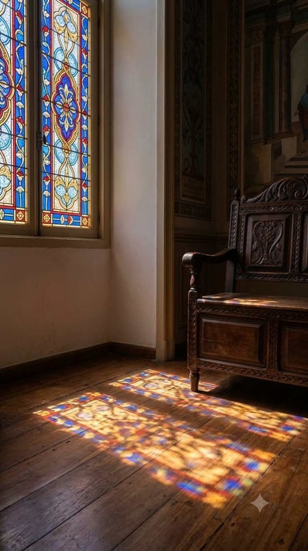 La luce del sole filtra attraverso una colorata vetrata all’interno del Palazzo São Miguel a Fernando de Noronha, mettendo in risalto le sue opere d’arte.