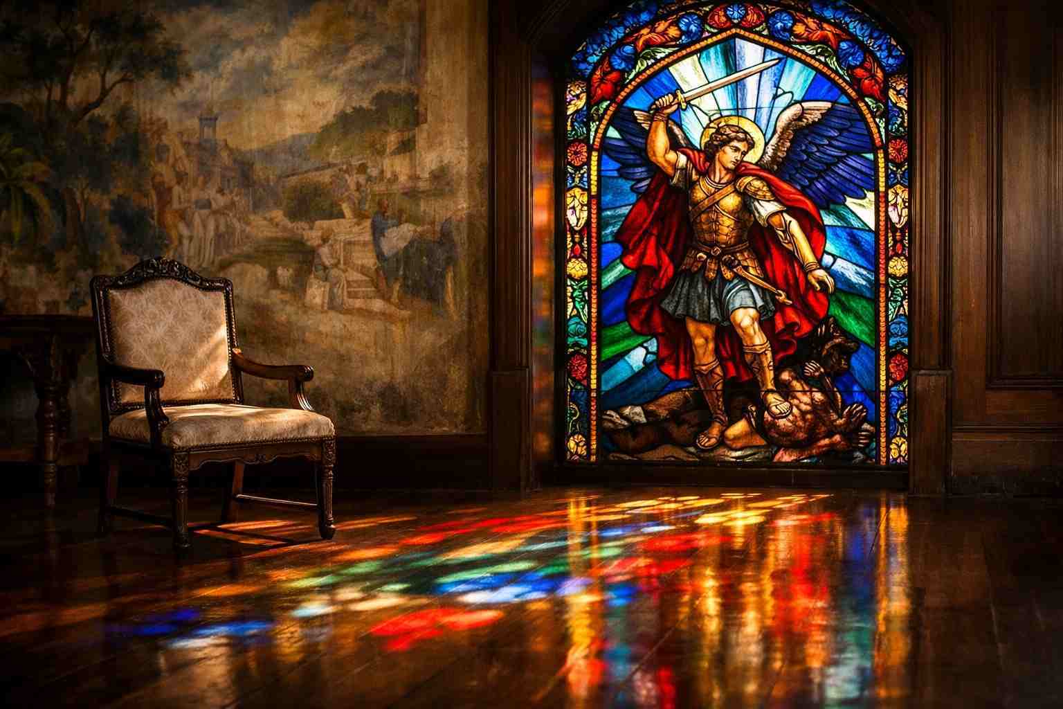 La luce del sole filtra attraverso la colorata vetrata del Palazzo São Miguel a Fernando de Noronha, illuminando le opere d’arte all’interno.