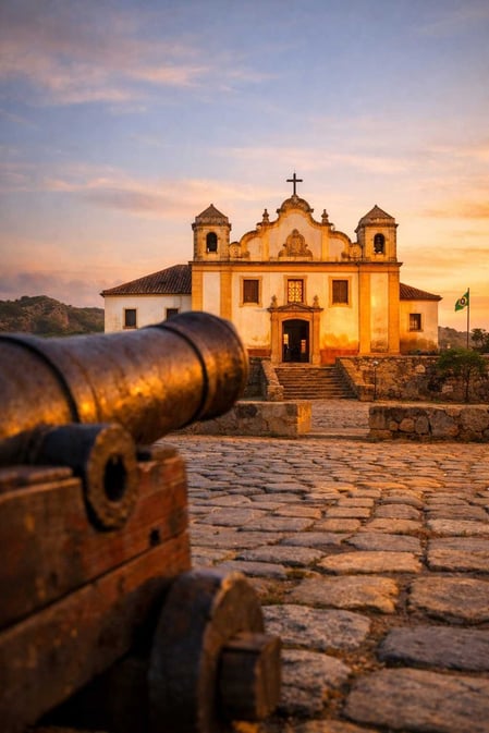 Un cannone storico in primo piano con il Palazzo São Miguel a Fernando de Noronha sullo sfondo, immerso in una luce calda.