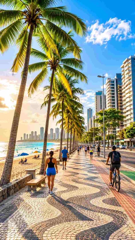 Vista verticale del soleggiato lungomare della spiaggia di Boa Viagem a Recife, fiancheggiato da palme da cocco.