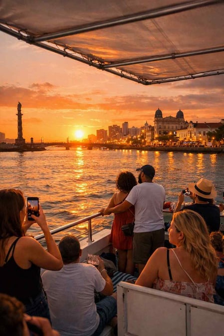Tour in catamarano al tramonto sul fiume che collega la spiaggia di Boa Viagem a Recife con la storica Recife Antigo.