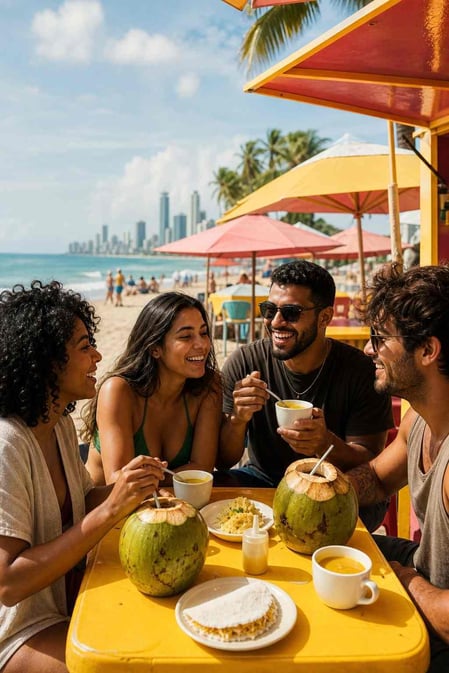 Un gruppo di amici che si gode un autentico caldinho e piatti tipici in un chiosco soleggiato sulla spiaggia di Boa Viagem a Recife.