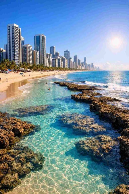 Splendida vista mattutina della spiaggia di Boa Viagem a Recife, con le sue piscine naturali nella barriera corallina, dove è possibile nuotare in tutta sicurezza, e lo skyline della città moderna.